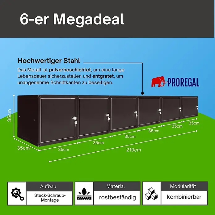 Proregal Schließfachschrank Mega Deal 6x Cubic - Schwarz, Zerlegt - Sechs dunkle, pulverbeschichtete Stahl-Stauboxen (35x35x35cm) mit Türen, modular und rostbeständig.