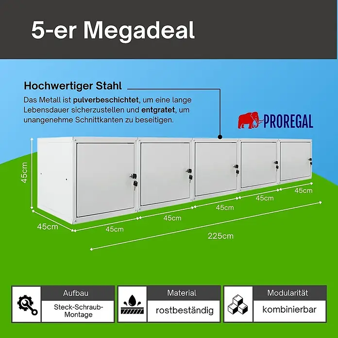 Proregal Schließfachschrank Mega Deal 5x Cubic XL - Grau, Zerlegt - Set aus 5 weißen, modularen Stahlschränken, je 45x45cm, insgesamt 225cm lang. Pulverbeschichtet, entgratet und rostbeständig.