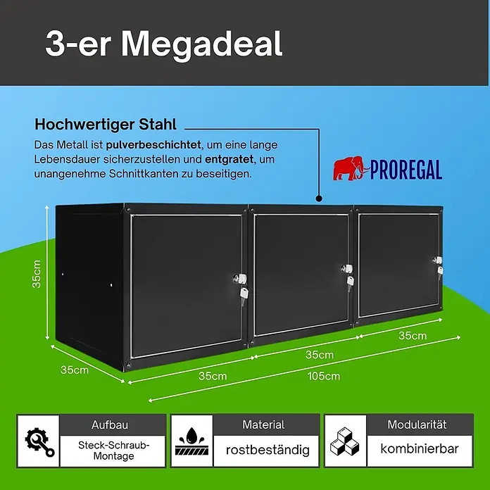 Proregal Schließfachschrank Mega Deal 3x Cubic - Schwarz, Zerlegt - Dreier-Set schwarzer, pulverbeschichteter Stahl-Schränke mit Schlössern, 105x35x35cm. Rostbeständig und modular.