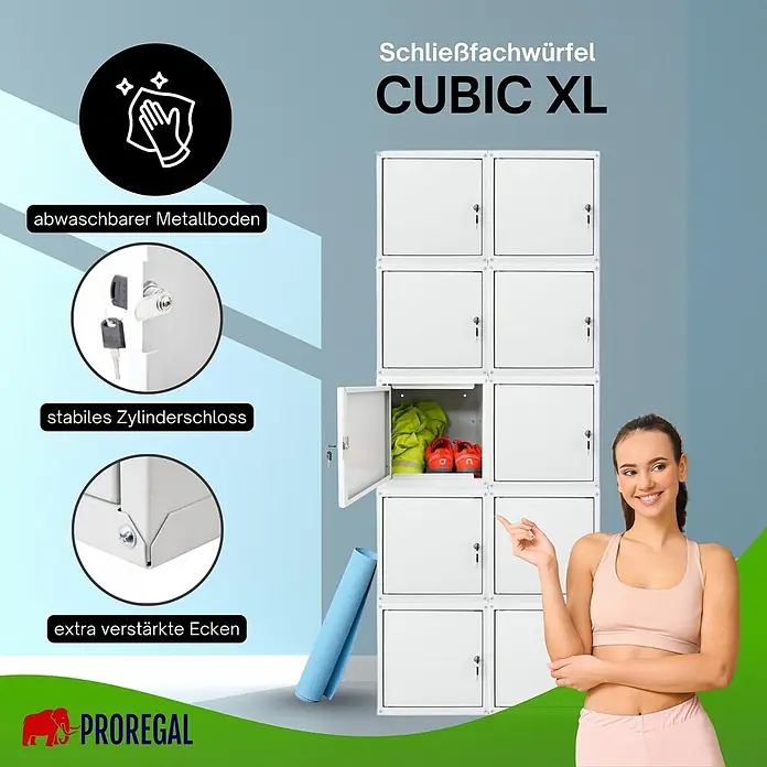 Proregal Schließfachschrank Mega Deal 10x Cubic XL - Grau, Zerlegt - Weißes modulares Schließfachsystem CUBIC XL mit abwaschbarem Metallboden, Zylinderschlössern, verstärkten Ecken und einem Fach mit Schuhen und Kleidung.