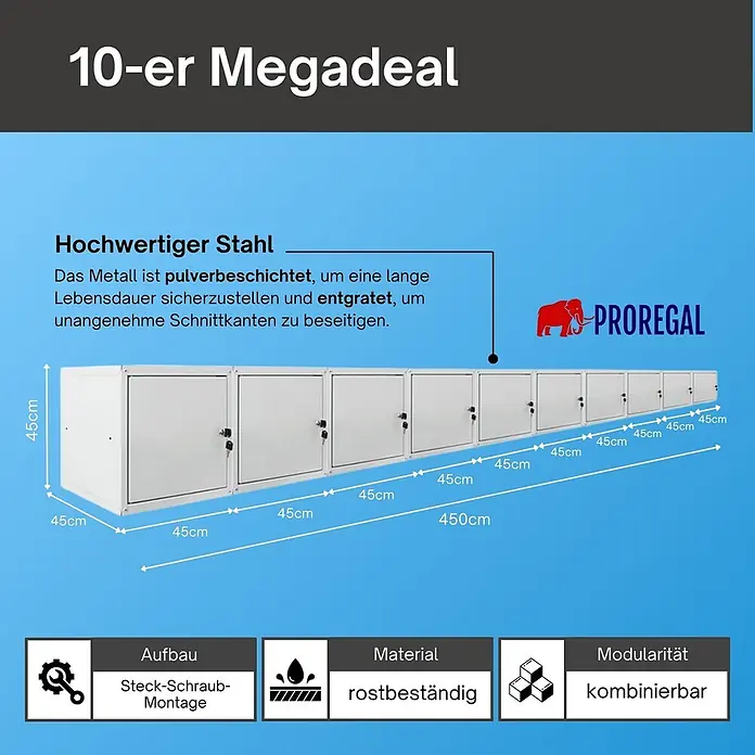 Proregal Schließfachschrank Mega Deal 10x Cubic XL - Grau, Zerlegt - 10 weiße, modulare Metallschränke (45x45x450cm) aus pulverbeschichtetem, rostbeständigem Stahl. Einfach zu montieren und erweiterbar.