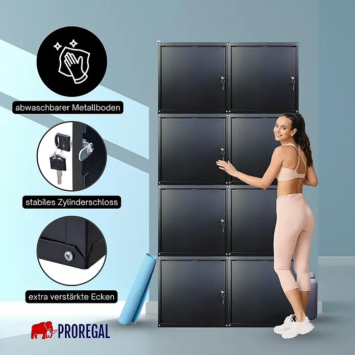 Proregal Schließfachschrank Cubic XL - H x B x T: 45 x 45 x 45 cm, Schwarz, Zerlegt - Schwarze Metallschließfächer mit stabilen Zylinderschlössern, ideal zur Aufbewahrung. Eine Frau steht neben der hohen Schrankeinheit.