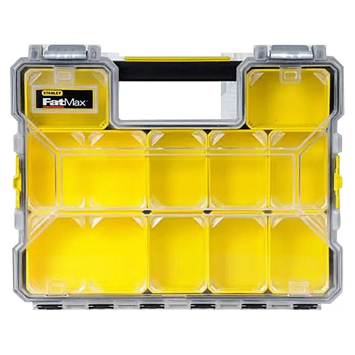 Stanley FatMax Kleinteilekoffer - Anzahl Fächer: 12 Stk., Flach - Stanley FatMax Sortierkoffer mit transparentem Deckel und gelben Fächern zur Aufbewahrung von Werkzeugen und Kleinteilen.