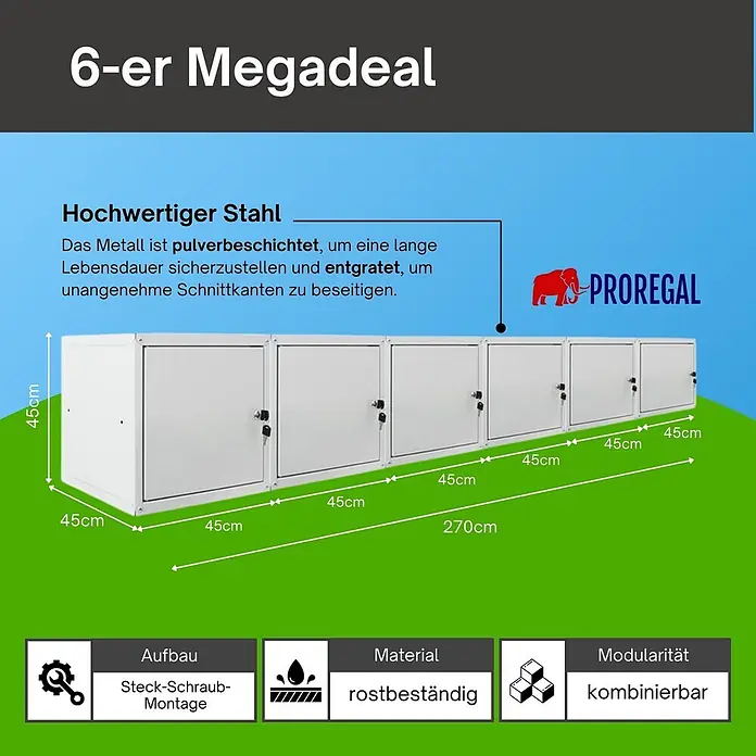 Proregal Schließfachschrank Mega Deal 6x Cubic XL - Grau, Zerlegt - Sechs weiße, modulare Metallschränke mit Schlössern, pulverbeschichtet und rostbeständig.