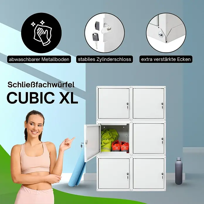 Proregal Schließfachschrank Mega Deal 6x Cubic XL - Grau, Zerlegt - Weiße, modulare Metall-Schließfachwürfel mit einer Frau und Sportausrüstung, die sichere Aufbewahrung und robuste Eigenschaften hervorheben.