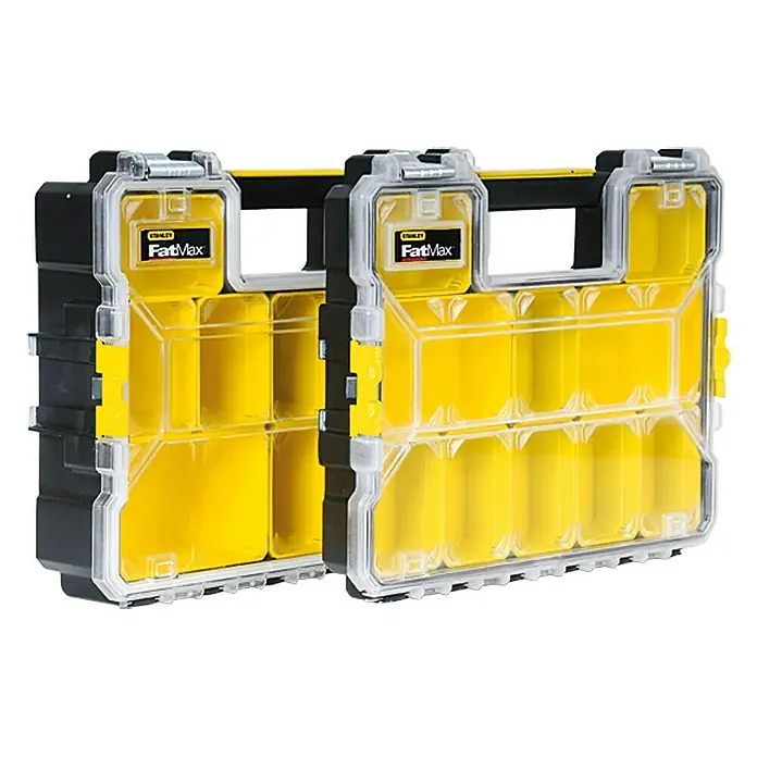 Stanley FatMax Kleinteilekoffer - Anzahl Fächer: 10 Stk., Tief - Zwei FatMax Sortimentskästen in Gelb und Schwarz mit transparenten Deckeln, ideal zur Aufbewahrung von Kleinteilen und Werkzeugen.