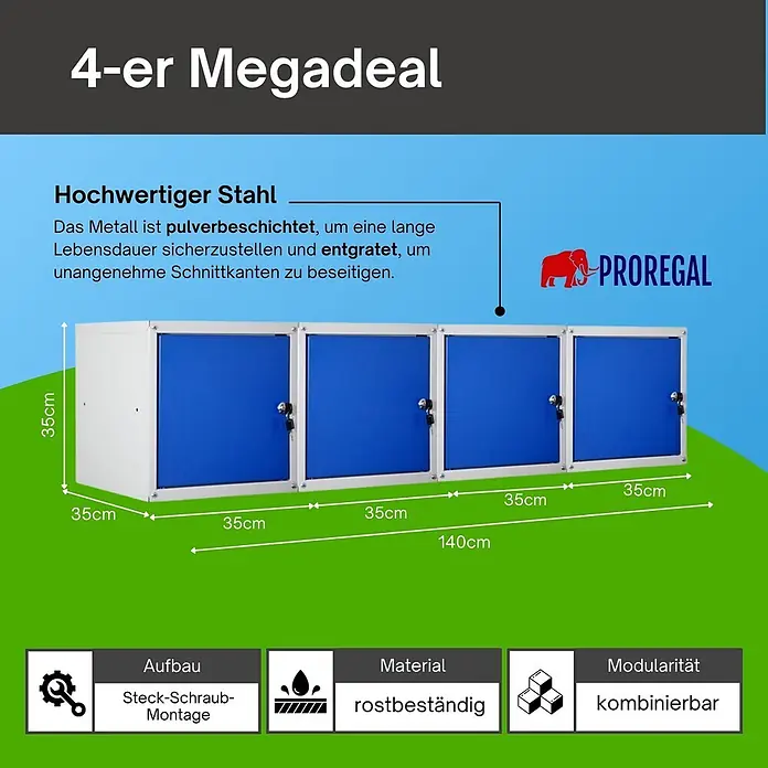 Proregal Schließfachschrank Mega Deal 4x Cubic - Grau/Blau, Zerlegt - Vier modulare Stahlschließfächer, weiß mit blauen Türen, pulverbeschichtet und rostbeständig, mit Schlössern.
