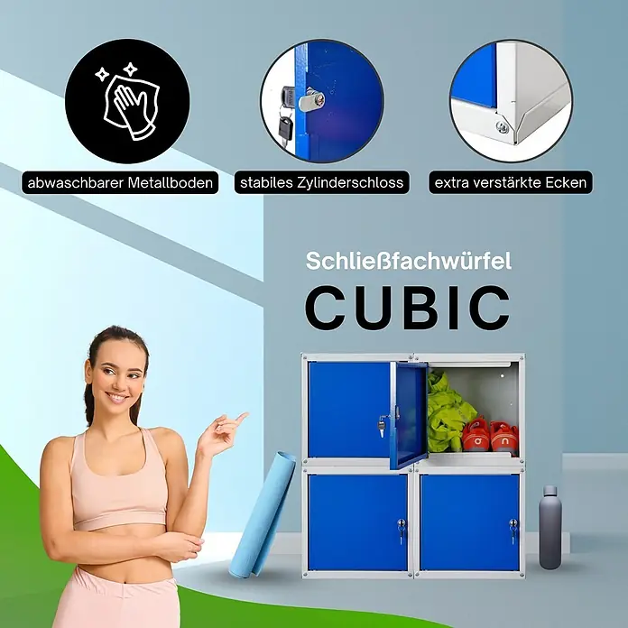 Proregal Schließfachschrank Mega Deal 4x Cubic - Grau/Blau, Zerlegt - Blaue Metallschließfachwürfel mit Zylinderschlössern und verstärkten Ecken, neben Sportausrüstung und einer Frau.