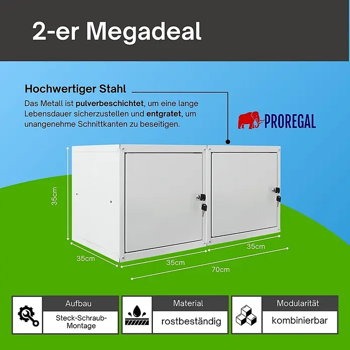 Proregal Schließfachschrank Mega Deal 2x Cubic - H x B x T: 35 x 35 x 35 cm, Grau, Zerlegt - Zwei weiße, pulverbeschichtete Stahlschränke (jeweils 35x35cm, gesamt 70cm breit) mit Schlössern und entgrateten Kanten.