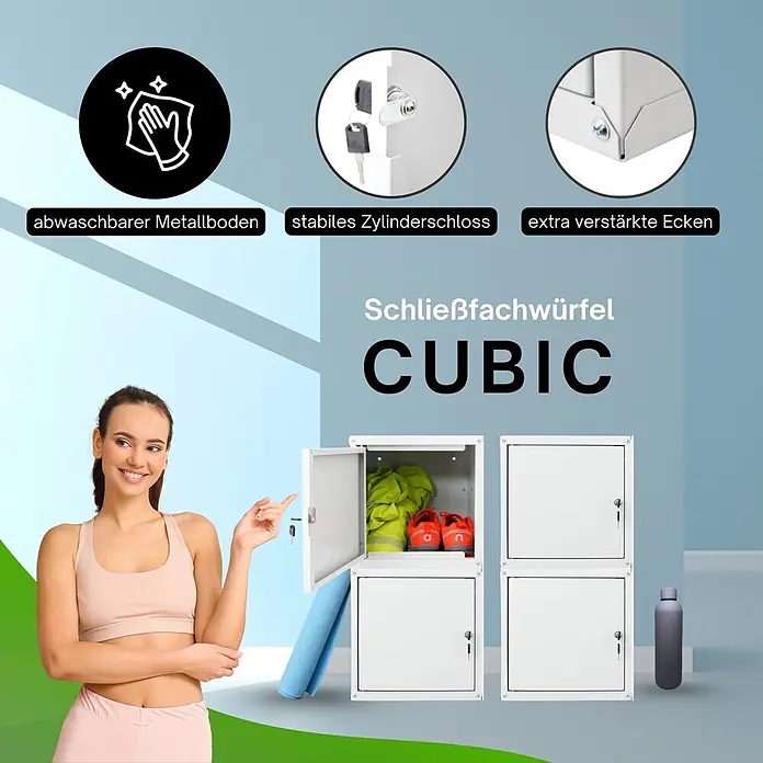 Proregal Schließfachschrank Mega Deal 2x Cubic - H x B x T: 35 x 35 x 35 cm, Grau, Zerlegt - Weißes, modulares Metallschließfachsystem CUBIC mit Zylinderschlössern, verstärkten Ecken und abwaschbarem Boden, gezeigt mit Sportausrüstung und einer Frau.