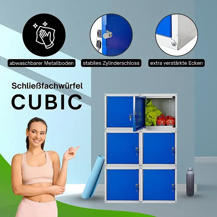 Proregal Schließfachschrank Mega Deal 6x Cubic - Grau/Blau, Zerlegt - Modulares Schließfachsystem mit blauen Türen und weißem Rahmen, stabilen Schlössern, verstärkten Ecken und waschbarem Metallboden, im Fitnessbereich gezeigt.
