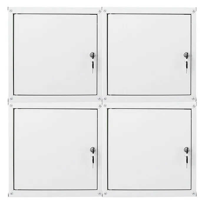 Proregal Schließfachschrank Mega Deal 4x Cubic - Grau, Zerlegt - Weißer modularer Metallspind mit vier Fächern, jedes mit Schloss und Schlüssel.
