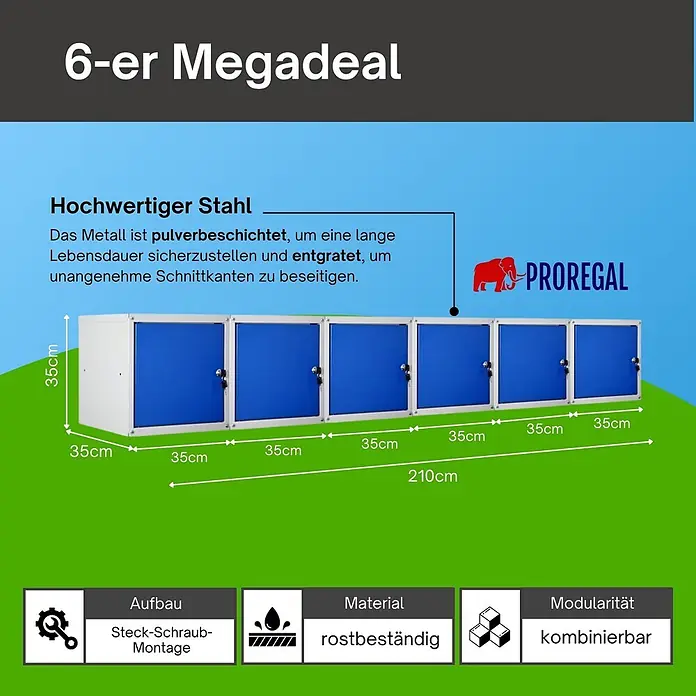 Proregal Schließfachschrank Mega Deal 6x Cubic - Grau/Blau, Zerlegt - Sechs blaue und weiße modulare Stahlschränke, je 35x35cm, Gesamtlänge 210cm. Pulverbeschichtet und rostbeständig.