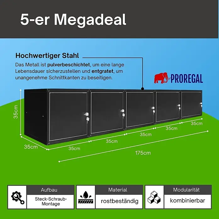 Proregal Schließfachschrank Mega Deal 5x Cubic - Schwarz, Zerlegt - Fünf schwarze, modulare Metallschränke (35x35x175cm gesamt), pulverbeschichtet, rostbeständig und steckschraubbar.