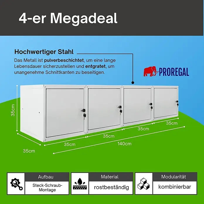 Proregal Schließfachschrank Mega Deal 4x Cubic - Grau, Zerlegt - 4 weiße, pulverbeschichtete Stahlschränke (jeder 35x35x35cm) mit Schlüsselschloss, modular und rostbeständig.