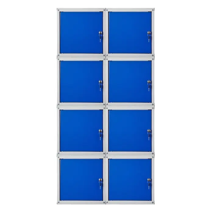 Proregal Schließfachschrank Mega Deal 8x Cubic - Grau/Blau, Zerlegt - Acht blaue Metallschließfächer in zwei Reihen, jedes mit weißem Rahmen und Schlüssel im Schloss.