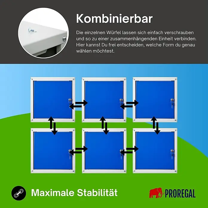 Proregal Schließfachschrank Mega Deal 8x Cubic - Grau/Blau, Zerlegt - Modulare blaue und weiße Metallschließfächer mit abschließbaren Türen, verschraubt zu einer stabilen, kombinierbaren Einheit.