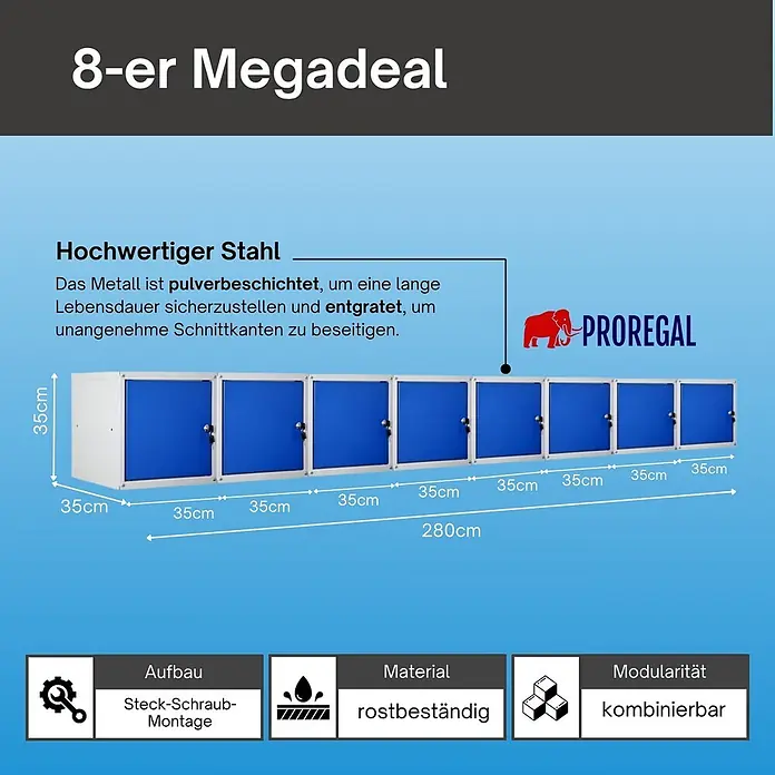 Proregal Schließfachschrank Mega Deal 8x Cubic - Grau/Blau, Zerlegt - Acht blaue, modulare Stahlschränke mit pulverbeschichtetem, rostbeständigem Metall und 35cm Höhe/Tiefe.