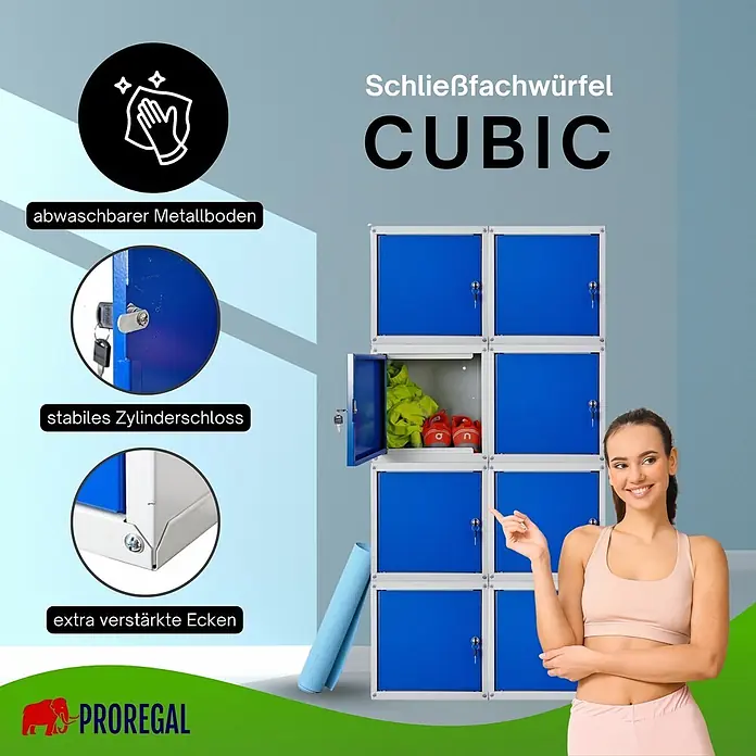 Proregal Schließfachschrank Mega Deal 8x Cubic - Grau/Blau, Zerlegt - Blau-silberner PROREGAL CUBIC Schließfachwürfel. Ein Fach zeigt Sportausrüstung. Mit abwaschbarem Metallboden, stabilem Zylinderschloss und verstärkten Ecken.
