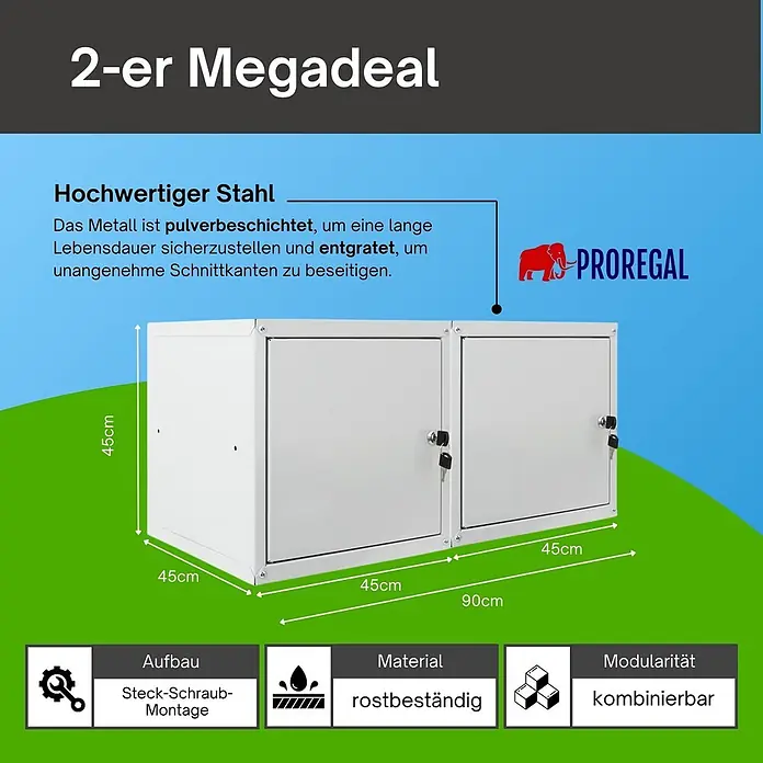 Proregal Schließfachschrank Mega Deal 2x Cubic XL - Grau, Zerlegt - Zwei weiße, rostbeständige Stahlschränke mit Schlüsseln, 45x90x45cm (HxBxT), modular und kombinierbar.