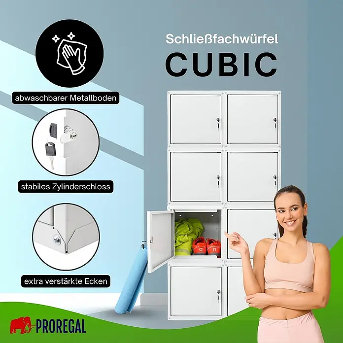 Proregal Schließfachschrank Mega Deal 8x Cubic - Grau, Zerlegt - Weißes modulares Metallschließfachsystem, eine Frau lächelt und zeigt auf ein offenes Fach mit Sportausrüstung.