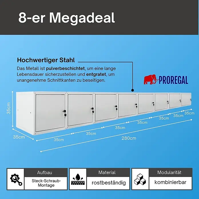 Proregal Schließfachschrank Mega Deal 8x Cubic - Grau, Zerlegt - Acht weiße, modulare Metallschränke (35x35cm), pulverbeschichtet und rostbeständig, insgesamt 280cm breit.