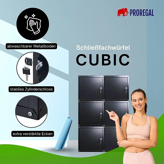 Proregal Schließfachschrank Mega Deal 6x Cubic XL - Schwarz, Zerlegt - Schwarze Metall-Schließfachwürfel mit Zylinderschlössern und verstärkten Ecken.