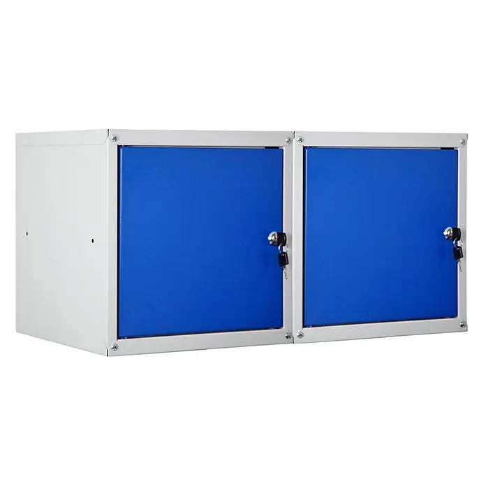 Proregal Schließfachschrank Mega Deal 2x Cubic - Grau/Blau, Zerlegt - Zweitüriger Metallschrank mit weißem Rahmen und blauen abschließbaren Türen, geeignet für sichere Aufbewahrung.