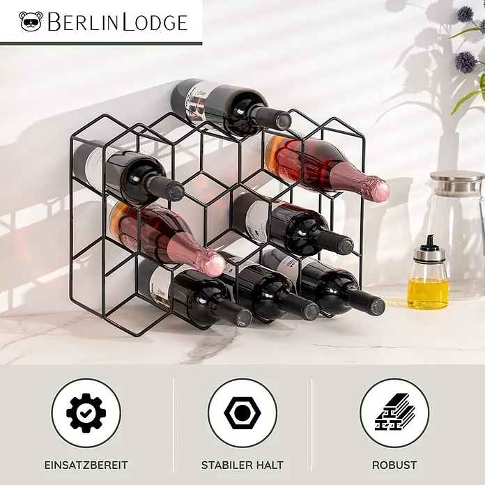 Berlinlodge Getränkekistenregal Weinregal Mosel 14 Flaschen - Anzahl Böden: 4 Stk., Schwarz - Schwarzmetallenes Weinregal in Wabenform, das mehrere Wein- und Sektflaschen hält.