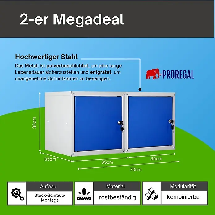 Proregal Schließfachschrank Mega Deal 2x Cubic - Grau/Blau, Zerlegt - Zwei modulare Stahlschränke mit blauen Türen und Schlüsseln, 70x35x35cm, rostbeständig.