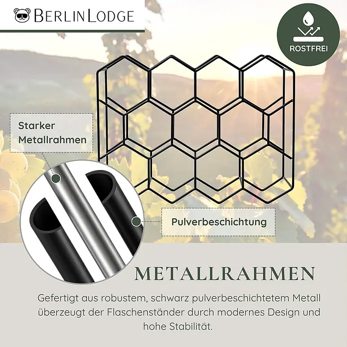 Berlinlodge Getränkekistenregal Weinregal Mosel 14 Flaschen - Anzahl Böden: 4 Stk., Schwarz - Schwarzes, pulverbeschichtetes Metall-Weinregal mit Sechskant-Design, rostfrei und stabil.