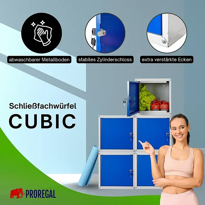 Proregal Schließfachschrank Mega Deal 5x Cubic - Grau/Blau, Zerlegt - Blaue und graue modulare Schließfachwürfel, einer offen mit Sportausrüstung, eine lächelnde Frau präsentiert sie. Mit Zylinderschlössern und verstärkten Ecken.