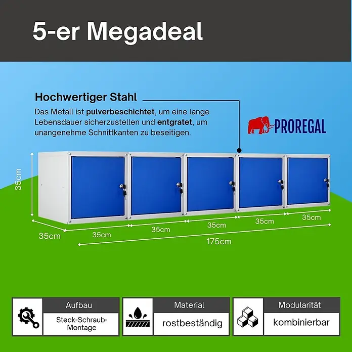 Proregal Schließfachschrank Mega Deal 5x Cubic - Grau/Blau, Zerlegt - Fünf modulare Stahlschränke mit blauen Türen, pulverbeschichtet und rostbeständig, Maße 175x35cm.