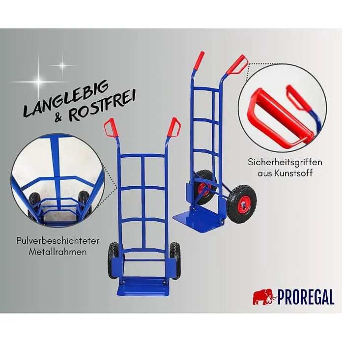 Proregal Sackkarre ODIN mit klappbarer Schaufel & Luftbereifung - Stahl, Traglast: 200 kg - Blaue pulverbeschichtete Sackkarre mit roten Kunststoff-Sicherheitsgriffen und schwarzen Luftreifen, von vorne und seitlich. Langlebig & rostfrei.