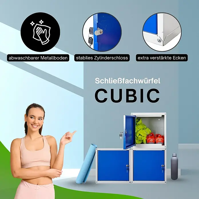 Proregal Schließfachschrank Mega Deal 3x Cubic - Grau/Blau, Zerlegt - Blaue und silberne Modulschränke mit abwaschbarem Metallboden, Zylinderschloss und verstärkten Ecken, in Fitnessumgebung gezeigt.