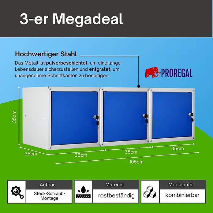 Proregal Schließfachschrank Mega Deal 3x Cubic - Grau/Blau, Zerlegt - Drei modulare, rostbeständige Stahlschränke mit blauen Türen und weißem Rahmen, kombinierbar.