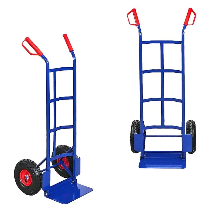 Proregal Sackkarre ODIN mit klappbarer Schaufel & Luftbereifung - Stahl, Traglast: 200 kg - Blaue Sackkarre aus Metall mit roten ergonomischen Griffen und großen schwarzen Luftreifen zum Heben schwerer Lasten.