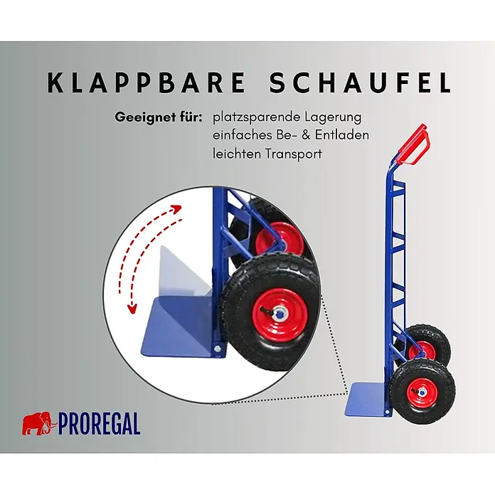 Proregal Sackkarre ODIN mit klappbarer Schaufel & Luftbereifung - Stahl, Traglast: 200 kg - Blaue klappbare Sackkarre mit rotfelgigen Rädern und schwenkbarer Ladefläche für kompakte Lagerung.