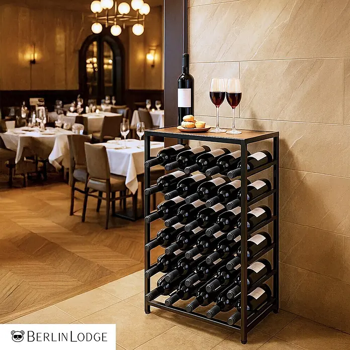 Berlinlodge Getränkekistenregal Weinregal Bordeaux 30 Flaschen - Anzahl Böden: 6 Stk., Schrauben, Vintagebraun-Schwarz - Schwarzes Weinregal aus Metall mit Holzplatte, das Weinflaschen in einem Restaurant hält.