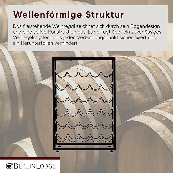 Berlinlodge Getränkekistenregal Weinregal Bordeaux 30 Flaschen - Anzahl Böden: 6 Stk., Schrauben, Vintagebraun-Schwarz - Freistehendes schwarzes Metallweinregal mit wellenförmigen Fächern, das Flaschen sicher hält. Ideal zur Organisation von Weinflaschen.