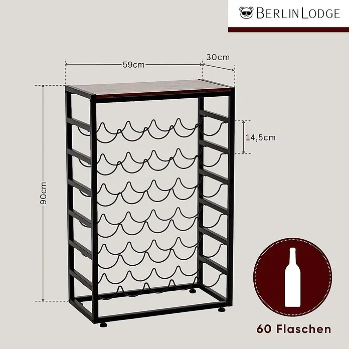 Berlinlodge Getränkekistenregal Weinregal Bordeaux 30 Flaschen - Anzahl Böden: 6 Stk., Schrauben, Vintagebraun-Schwarz - Schwarzes Metall-Weinregal mit brauner Holzplatte, fasst 60 Flaschen. Maße: 90x59x30cm (HxBxT).