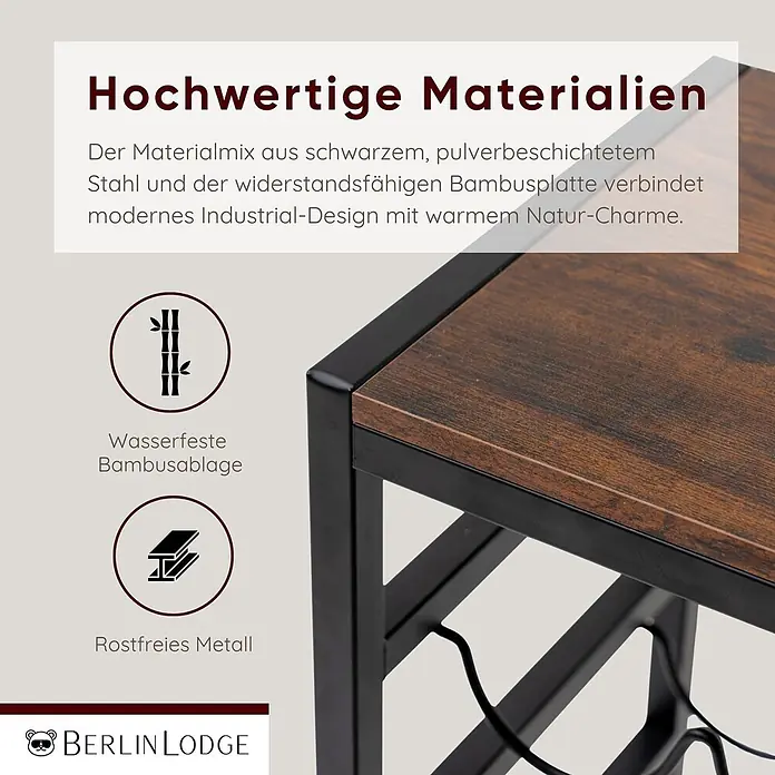 Berlinlodge Getränkekistenregal Weinregal Bordeaux 30 Flaschen - Anzahl Böden: 6 Stk., Schrauben, Vintagebraun-Schwarz - Regal aus wasserfester Bambusplatte und schwarzem pulverbeschichtetem Stahl.