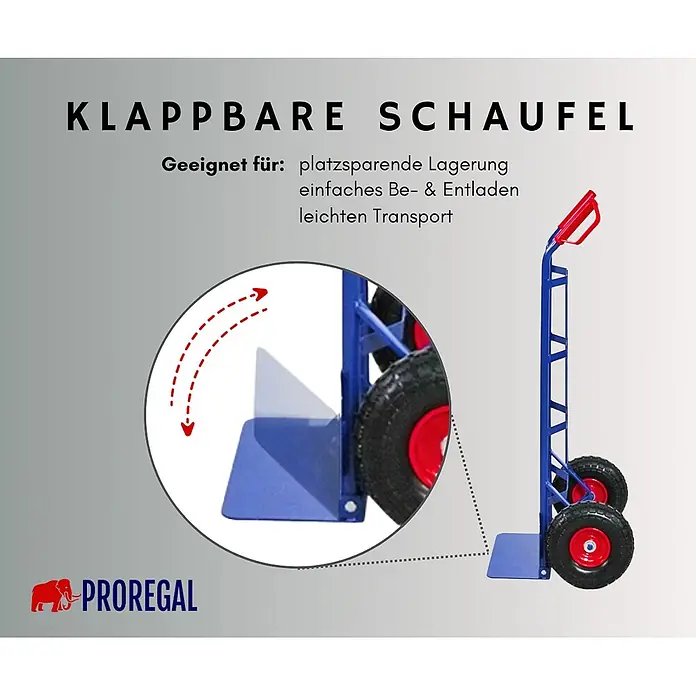 Proregal Sackkarre ODIN mit klappbarer Schaufel & PU-Bereifung - Stahl, Traglast: 200 kg - Blauer Klappschaufel-Handwagen mit roten Rädern, ideal für platzsparende Lagerung.