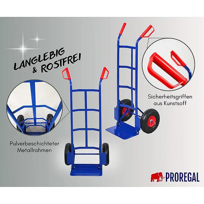 Proregal Sackkarre ODIN mit klappbarer Schaufel & PU-Bereifung - Stahl, Traglast: 200 kg - Blaue Sackkarre mit pulverbeschichtetem Metallrahmen, roten Kunststoff-Sicherheitsgriffen und schwarzen Rädern.