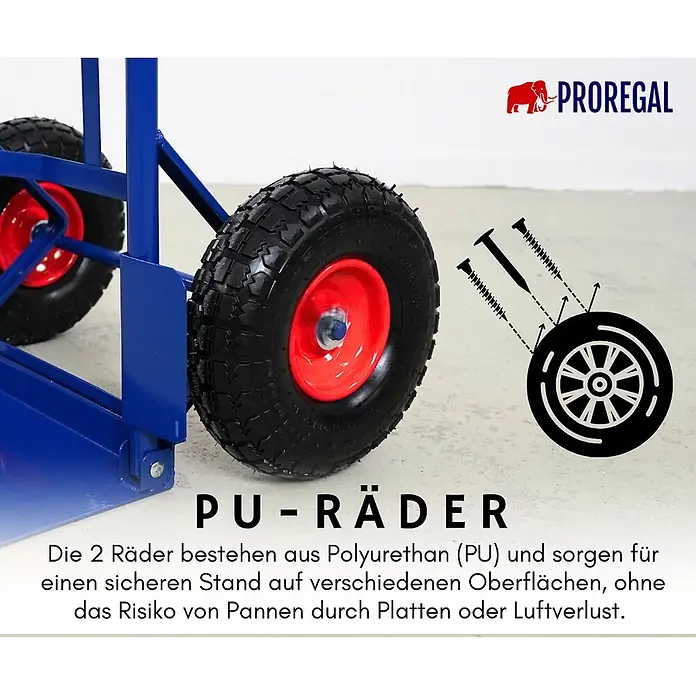 Proregal Sackkarre ODIN mit klappbarer Schaufel & PU-Bereifung - Stahl, Traglast: 200 kg - Schwarze und rote Polyurethan (PU) Räder eines Sackkarrens, pannensicher für stabilen Stand.