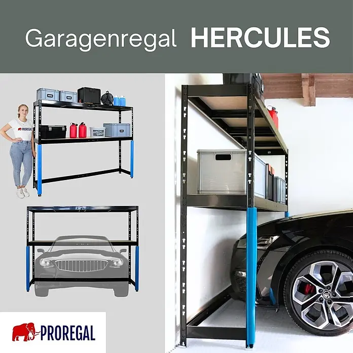 Proregal Schwerlastregal Garagenregal HERCULES - H x B x T: 180 x 240 x 50 cm, Traglast pro Boden: 300 kg, Anzahl Böden: 2 Stk., Stecken, Schwarz - Schwarzes Metall-Garagenregal mit blauen Beinschutz. In Garage mit Lagerung, Auto darunter, Frau zur Größenanzeige.