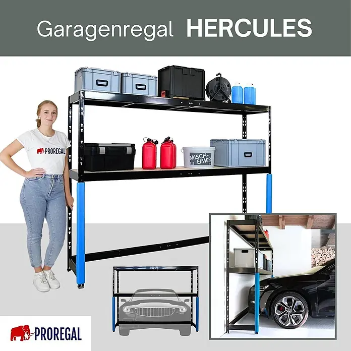 Proregal Schwerlastregal Garagenregal HERCULES - H x B x T: 180 x 240 x 50 cm, Traglast pro Boden: 300 kg, Anzahl Böden: 2 Stk., Stecken, Schwarz - Schwarzes Metall-Garagenregal HERCULES mit blauen Protektoren, gezeigt im Gebrauch in einer Garage über einem Auto.