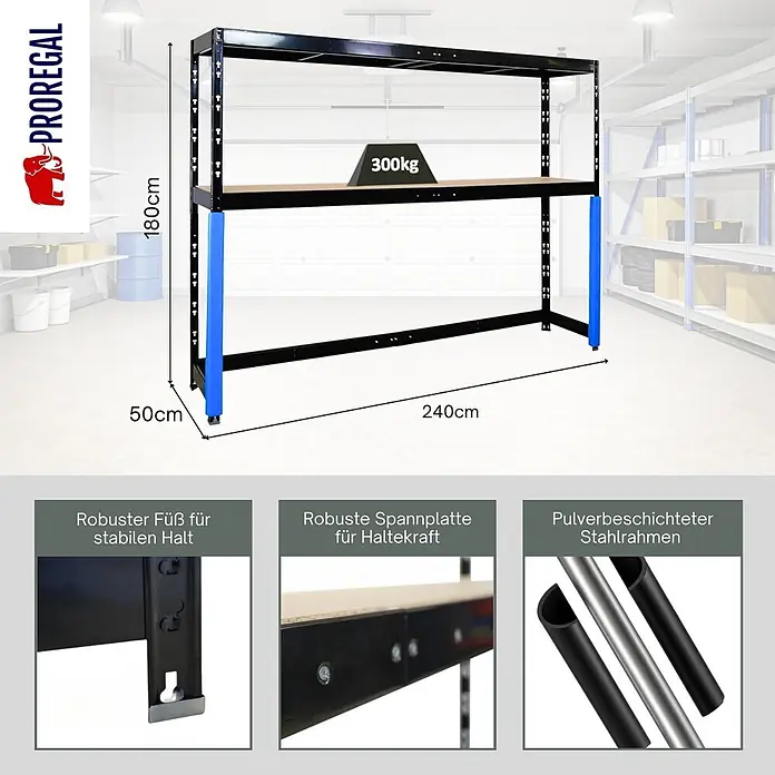 Proregal Schwerlastregal Garagenregal HERCULES - H x B x T: 180 x 240 x 50 cm, Traglast pro Boden: 300 kg, Anzahl Böden: 2 Stk., Stecken, Schwarz - Schwarzes, pulverbeschichtetes Stahlregal, 180x240x50cm, mit Holzböden. Die untere Ablage trägt 300kg und hat blaue Beinschutzvorrichtungen.