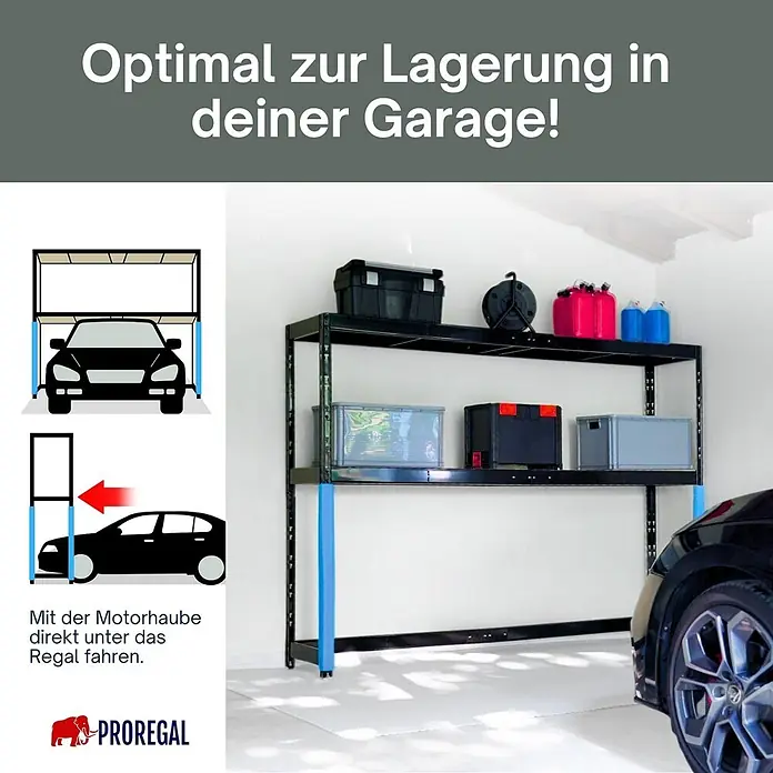 Proregal Schwerlastregal Garagenregal HERCULES - H x B x T: 180 x 240 x 50 cm, Traglast pro Boden: 300 kg, Anzahl Böden: 2 Stk., Stecken, Schwarz - Schwarzes Metallregalsystem für Garagen mit unterfahrbarer Funktion für Autos. PROREGAL-Logo.