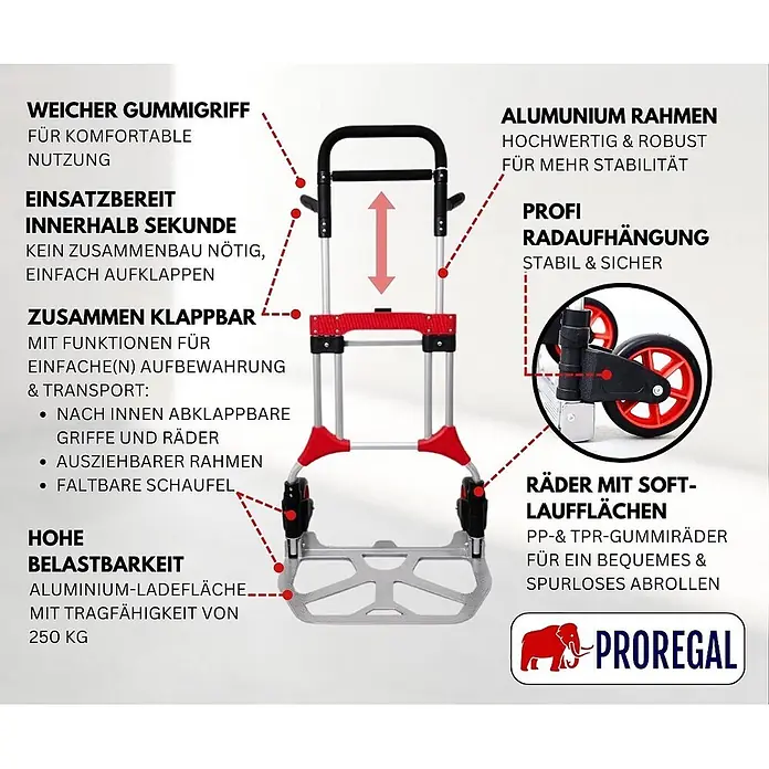 Proregal Sackkarre ELEPHANT mit klappbarer Schaufel, 250 kg Traglast & Vollgummibereifung - Aluminium, Traglast: 250 kg - Ein rot-silberner faltbarer Aluminium-Sackkarre mit weichem Gummigriff und professioneller Radaufhängung, belastbar bis 250 kg.